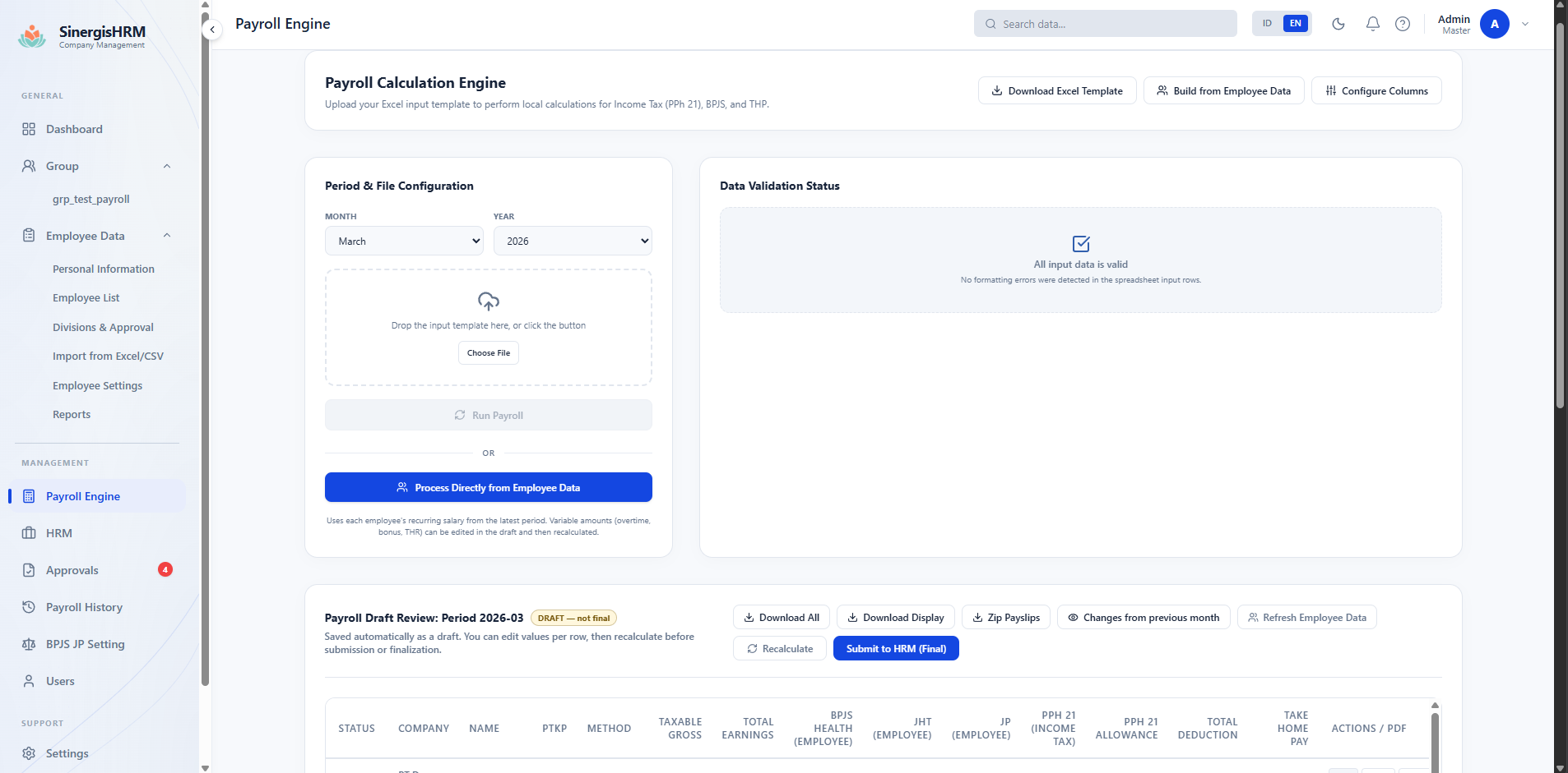 SinergisHRM payroll calculation engine and draft review