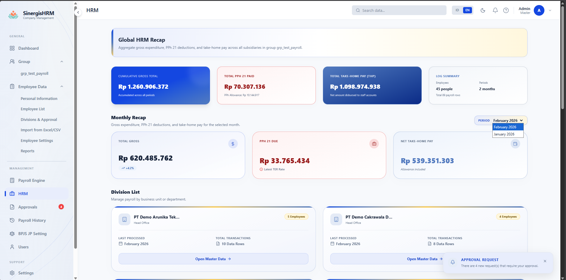 SinergisHRM HRM recap with payroll and tax summaries