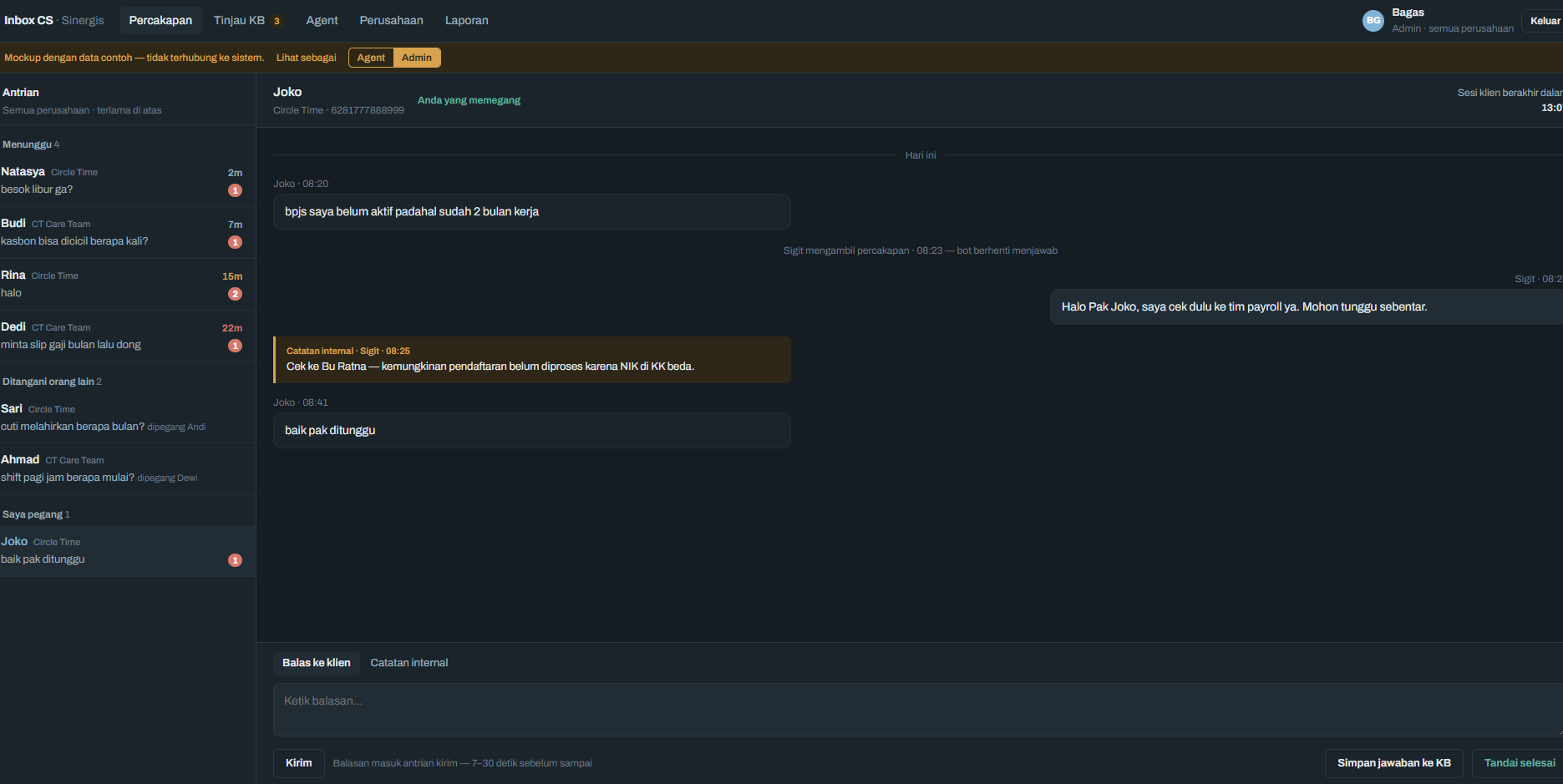 Inbox CS multi-company WhatsApp service conversation flow